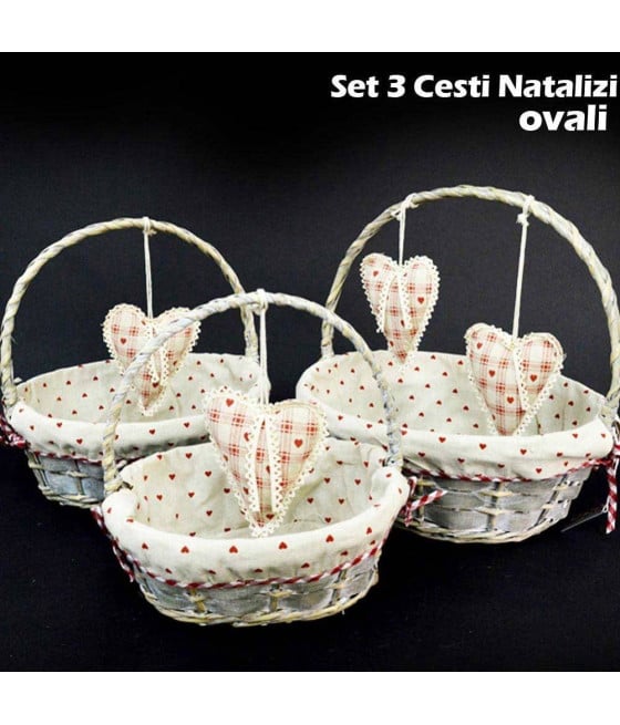 SET 3 CESTINI NATALIZI OVALI VIMINI TESSUTO DIAMETRO 39/34/29CM GRIGIO