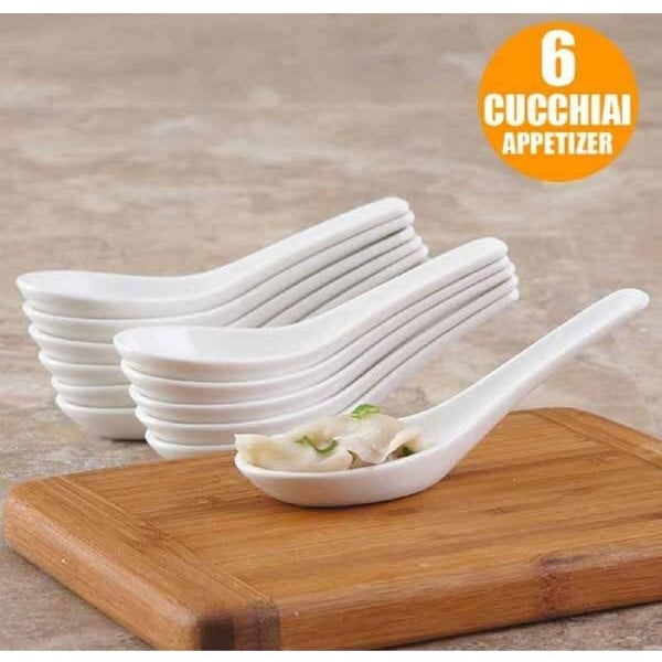SET 6PZ CUCCHIAINI PER ANTIPASTO APERITIVO CERAMICA BIANCA 2X4X12,5CM
