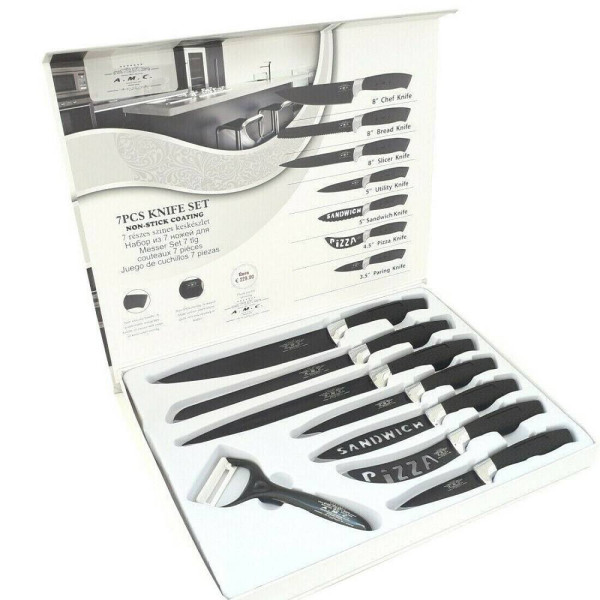 SET 7 COLTELLI CUCINA ACCIAIO MANICO ANTISCIVOLO PIU PELAPATATE BLACK