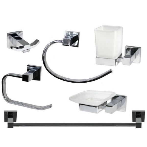 SET BAGNO QUADRATO ACCIAIO CROMATO E VETRO SATINATO 6PZ ARREDO MODERNO