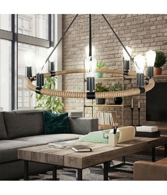 LAMPADARIO ROTONDO RUSTICO CANAPA METALLO E27 LAMPADA INDUSTRIALE A20