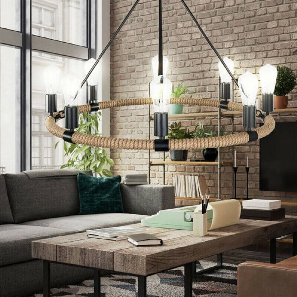 LAMPADARIO ROTONDO RUSTICO CANAPA METALLO E27 LAMPADA INDUSTRIALE A20