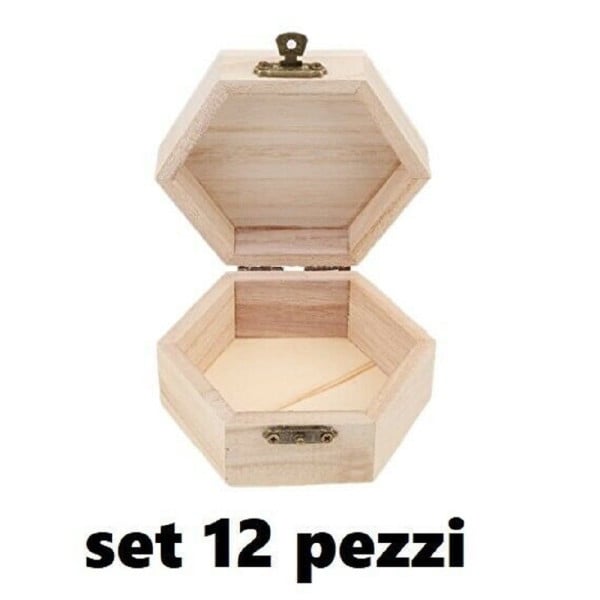 SET 12 SCATOLINE LEGNO DECOUPAGE PORTAGIOIE SCATOLA COFANETTO ESAGONAL