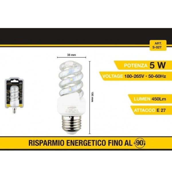 LAMPADINA LED SPIRALE E27 5 W LUCE BIANCA FREDDA CALDA NATURALE S-02T