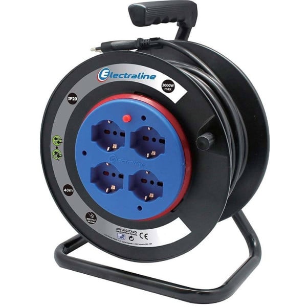 PROLUNGA ELETTRICA CAVO 40 MT AVVOLGICAVO 4 PRESE SCHUKO SPINA 16A