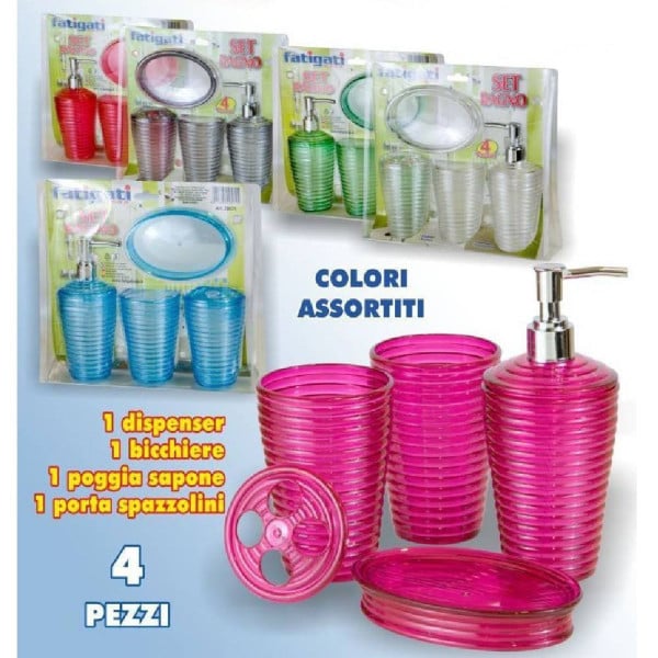 SET 4PZ PLASTICA DURA APPOGGIO BAGNO ACCESSORI COLORI ASSORTITI 29571