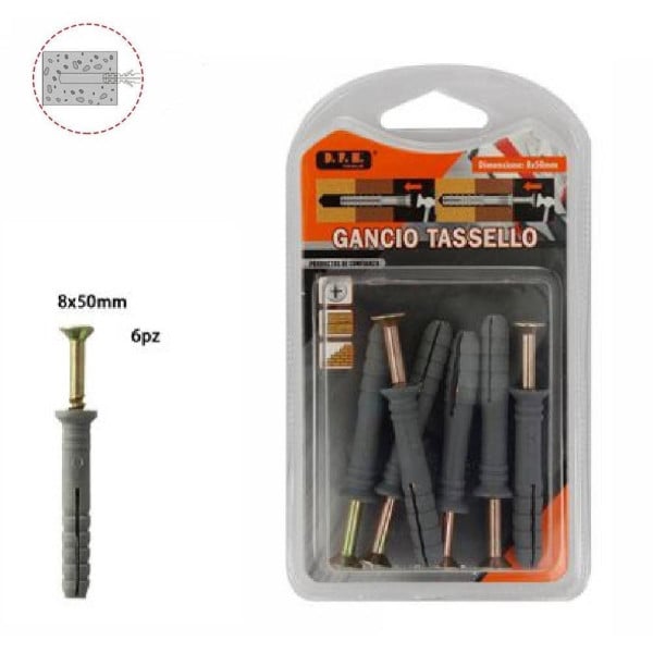 SET 6 PZ TASSELLI FISHER VITI VITE CHIODI GANCIO TASSELLO 8X50MM 69052