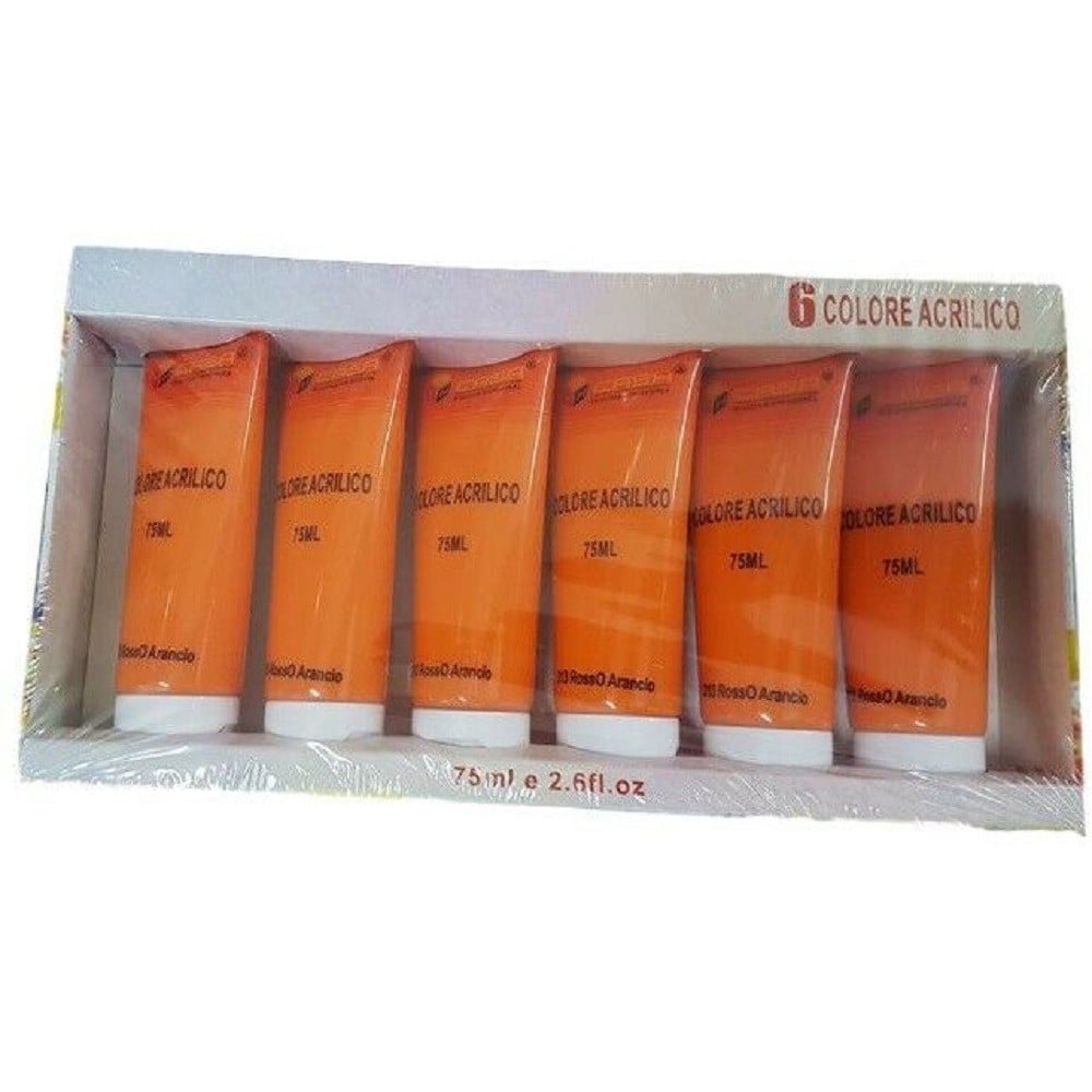 SET 6PZ PITTURA ACRILICA VERNICE COLORE ROSSO ARANCIO TUBO 75ML 07496