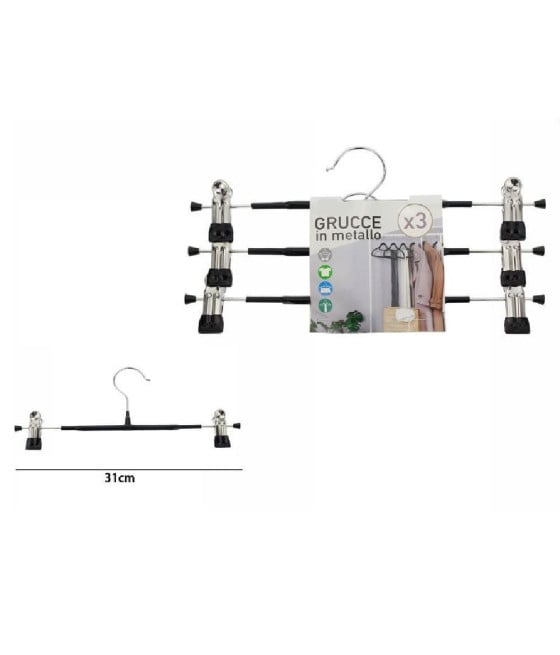 SET 3PZ GRUCCE GRUCCIA IN METALLO NERA CON CLIP 31CM VESTITI PANTALONI