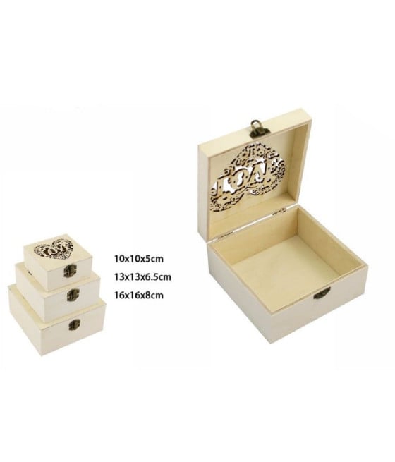 SET 3 SCATOLE LEGNO DECOUPAGE PORTAGIOIE CUORE LOVE SCATOLA COFANETTO
