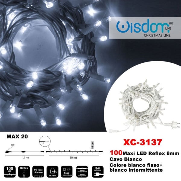 CATENA LUMINOSA 100LUCI LED BIANCO FISSO + BIANCO INTERMITTENTE XC3137