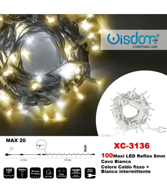CATENA LUMINOSA 100LUCI LED CALDO FISSO + BIANCO INTERMITTENTE XC-3136