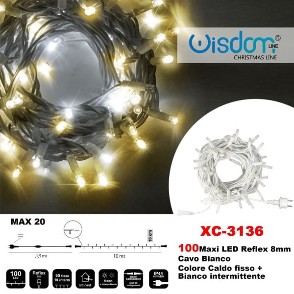 CATENA LUMINOSA 100LUCI LED CALDO FISSO + BIANCO INTERMITTENTE XC-3136