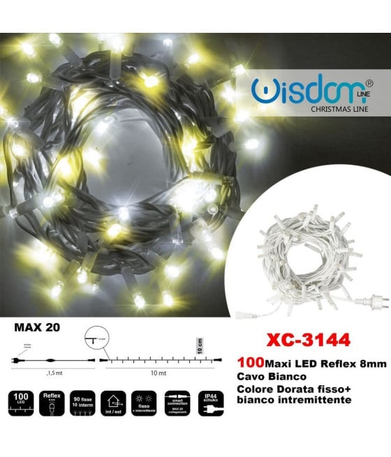 CATENA LUMINOSA 100LUCI LED DORATA FISSO + BIANCO INTERMITTENTE XC3144