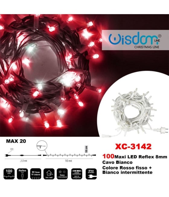 CATENA LUMINOSA 100 LUCI LED ROSSO FISSO + BIANCO INTERMITTENTE XC3142