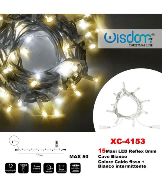CATENA LUMINOSA 15 LUCI LED CALDO FISSO + BIANCO INTERMITTENTE XC-4153