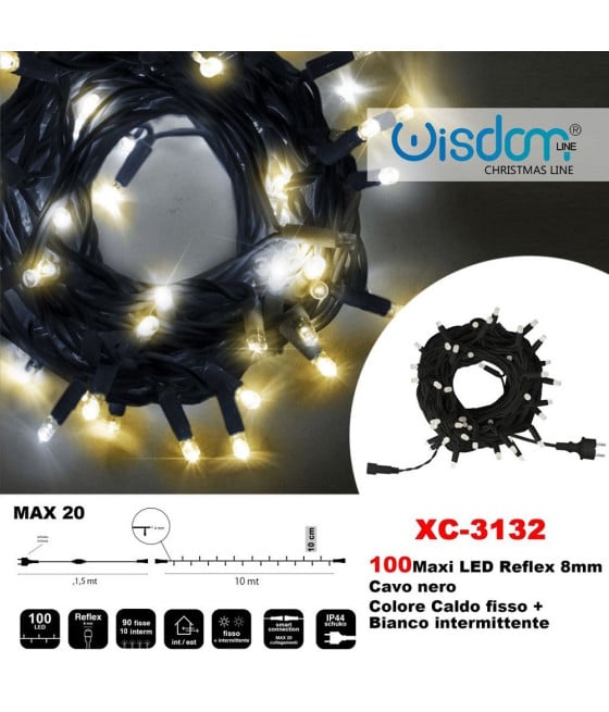 CATENA LUMINOSA 100 LUCI LED CALDO FISSO + BIANCO INTERMITTENTE XC3132