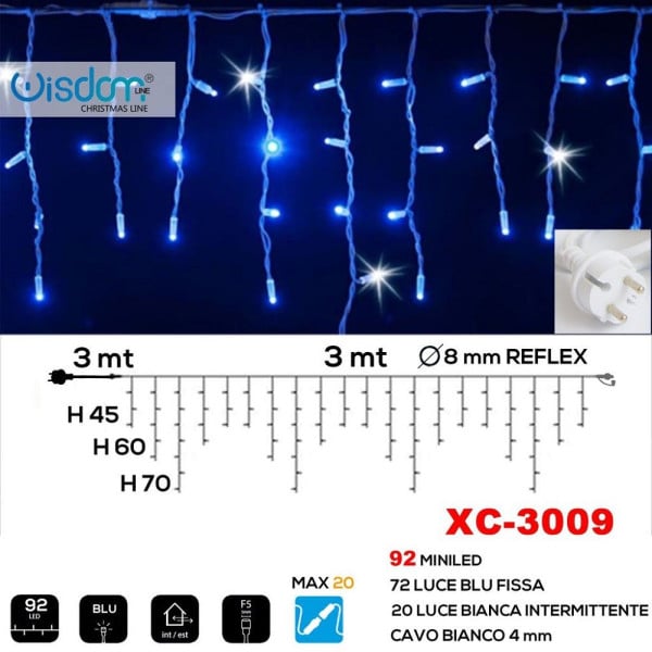 TENDA LUMINOSA 92 LED LUCE BLU FISSA + BIANCA INTERMITTENTE XC-3009