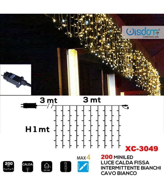 TENDA LUMINOSA 200 LED LUCE CALDA FISSA + BIANCA INTERMITTENTE XC-3049