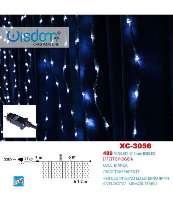 TENDA LUMINOSA 480 MINI LED EFFETTO PIOGGIA LUCE BIANCA IP44 XC-3056