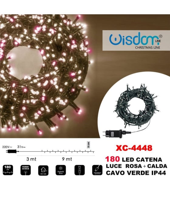 CATENA LUMINOSA 180 LUCI LED LUCE ROSA + CALDA CAVO VERDE IP44 XC-4448
