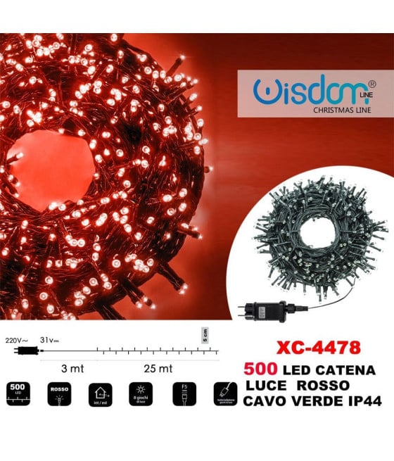 CATENA LUMINOSA LUCI 500LED LUCCIOLE LUCE ROSSO CAVO VERDE IP44 XC4478