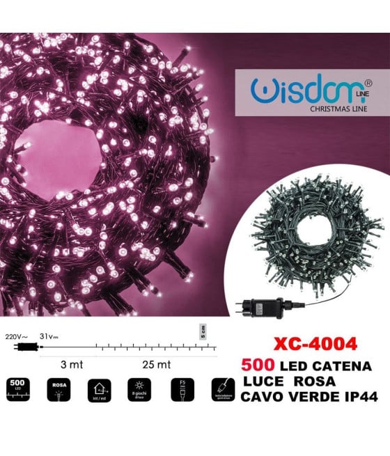 CATENA LUMINOSA LUCI 500 LED LUCCIOLE LUCE ROSA CAVO VERDE IP44 XC4004