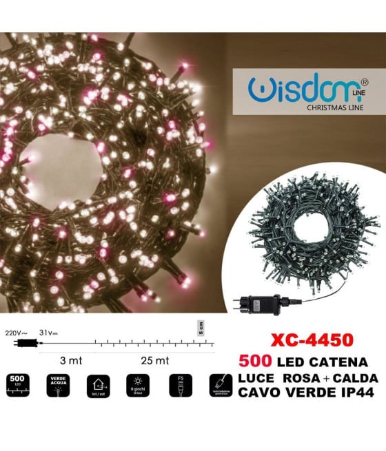 CATENA LUMINOSA 500 LUCI LED LUCE ROSA + CALDA CAVO VERDE IP44 XC-4450