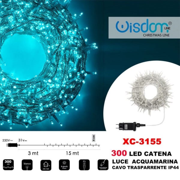 CATENA LUMINOSA 300 LUCI LED LUCE ACQUAMARINA CAVO TRASPARENTE XC-3155
