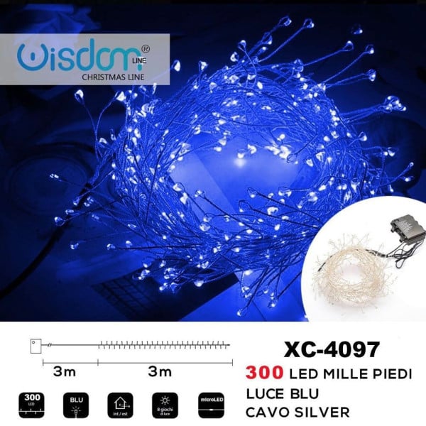 CATENA 300 LED MILLE PIEDI EFFETTO RAMO LUCE BLU A BATTERIA XC-4097