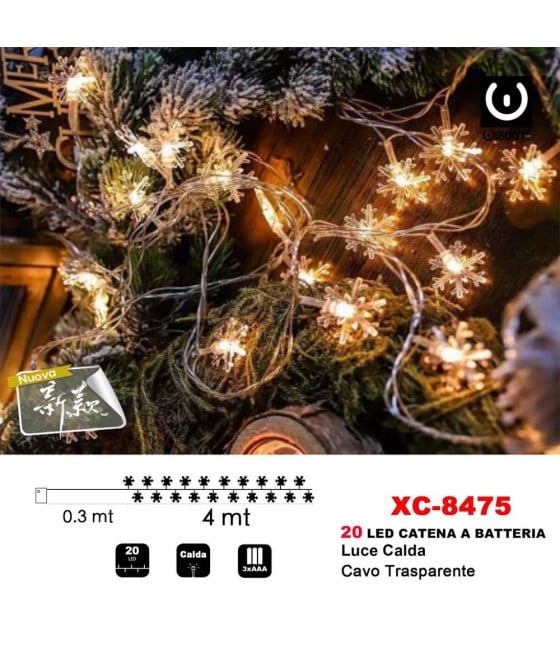 CATENA FIOCCHI NEVE 20LED A BATTERIA LUCE CALDA CAVO TRAPARENTE XC8475