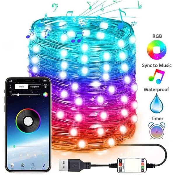 LUCI LED ALBERO NATALE USB BLUETOOTH APP CON TELECOMANDO 10MT 100 LED