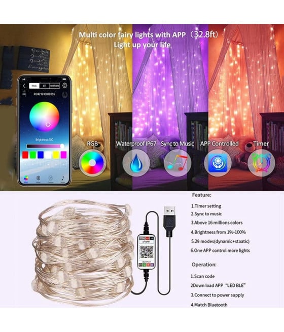 LUCI LED ALBERO NATALE USB BLUETOOTH APP CON TELECOMANDO 10MT 100 LED