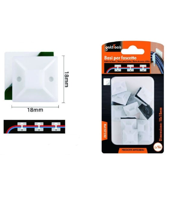 SET 16PEZZI BASI PER FISSAGGIO FASCETTE SUPPORTO ADESIVO 18X18MM 57192