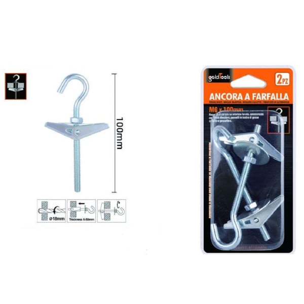 2PZ ANCORA A FARFALLA CON GANCIO ACCIAIO CON DADO RONDELLA M6 X 100 MM