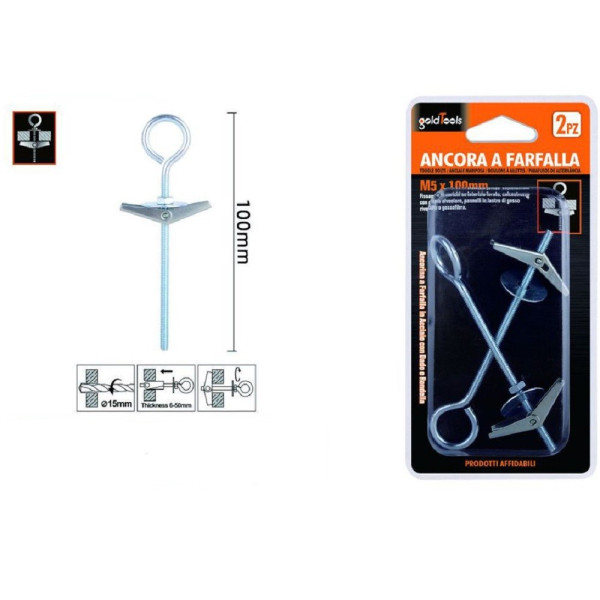 2PZ ANCORA FARFALLA CON OCCHIOLO CHIUSO ACCIAIO DADO RONDELLA M5X100MM
