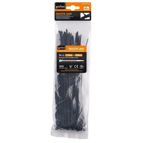 60 PZ FASCETTE CAVO NERO STRINGENTI IN PLASTICA NYLON 2.5X100 MM 92379