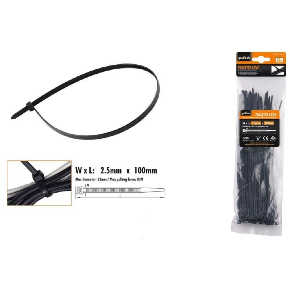 60 PZ FASCETTE CAVO NERO STRINGENTI IN PLASTICA NYLON 2.5X100 MM 92379
