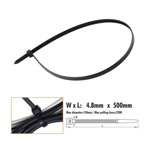 20PZ FASCETTE CAVO NERO STRINGENTI IN PLASTICA NYLON 4.8 X 500MM 92387
