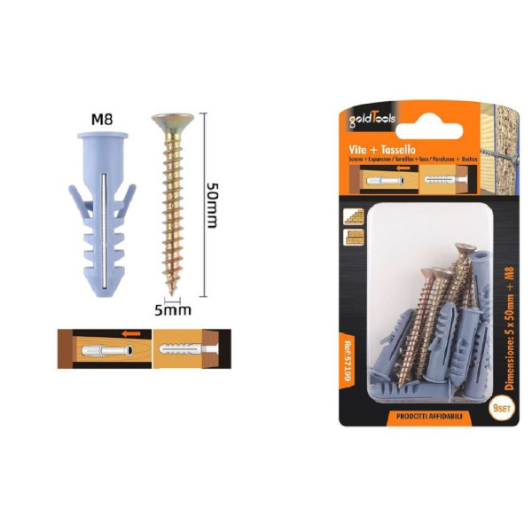 SET 9 PEZZI VITI VITE 5 X 50MM + TASSELLI CON ALETTE TASSELLO M8 57199