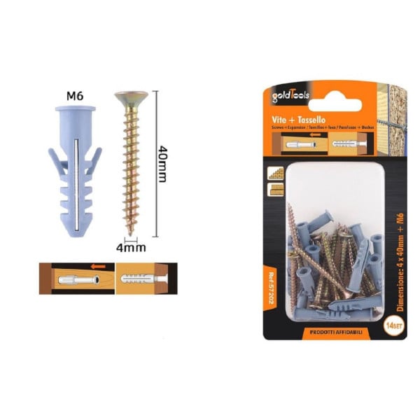SET 14 PEZZI VITI VITE 4X40 MM + TASSELLI CON ALETTE TASSELLO M6 57202