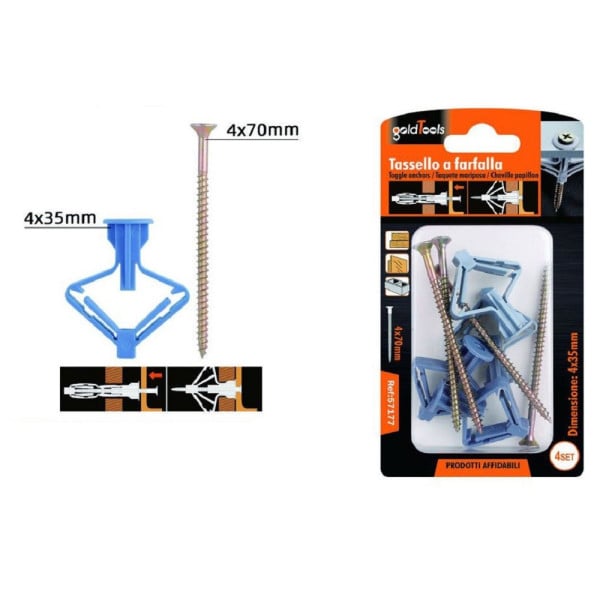SET 4PZ TASSELLI AD ESPANSIONE TASSELLO A FARFALLA 4X35MM VITI 4X70MM