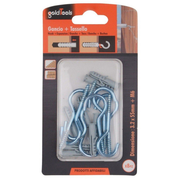 SET 8 PEZZI VITI A GANCIO 3.2X55 MM + TASSELLI CON ALETTE TASSELLO M6