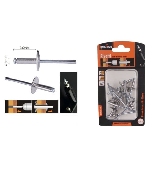 SET 11 PEZZI RIVETTI RIVETTO 4.8 X 16 MM BRICOLAGE FERRAMENTA 94982