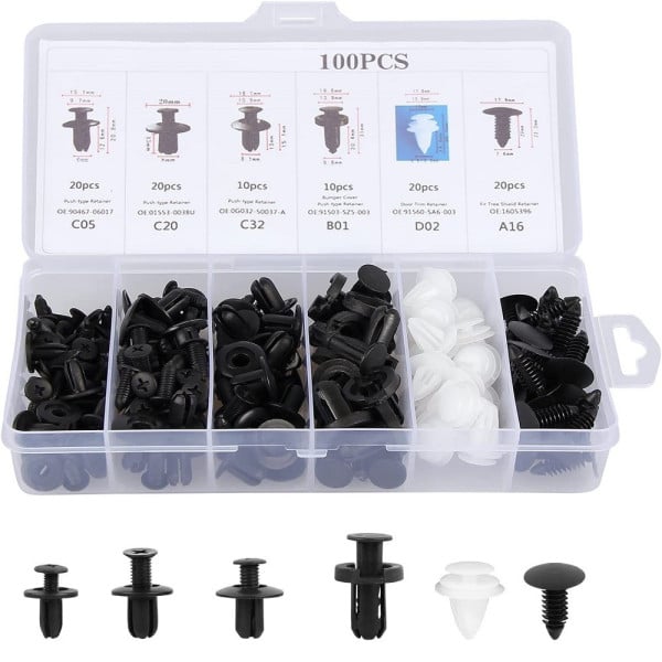KIT 100 RIVETTI IN PLASTICA CLIP VITI PER AUTO PANNELLO PARAURTI PORTA