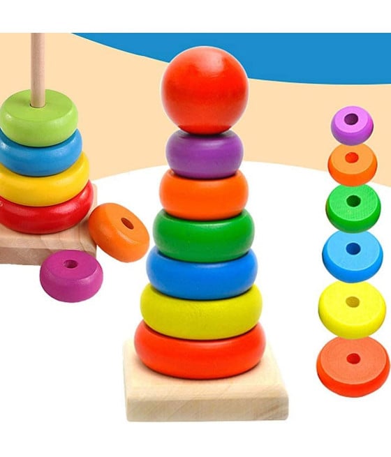 TORRE ARCOBALENO GIOCO IN LEGNO PIRAMIDE ANELLI IMPILABILI 20X9CM 53296