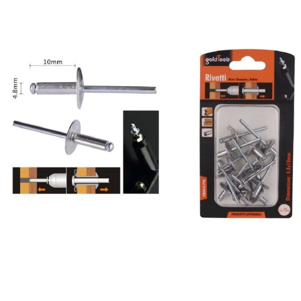 SET 13 RIVETTI RIVETTO 4.8 X 10MM ACCESSORI BRICOLAGE FERRAMENTA 94980