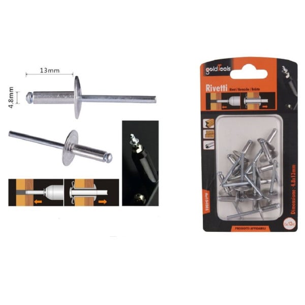 12 RIVETTI RIVETTO 4.8 X 13MM ACCESSORI PER BRICOLAGE FERRAMENTA 94981