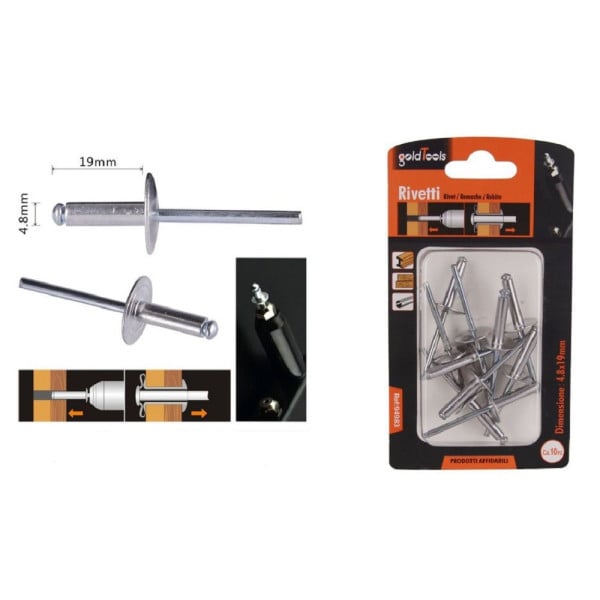 SET 10 RIVETTI RIVETTO 4.8X19 MM ACCESSORI BRICOLAGE FERRAMENTA 94983