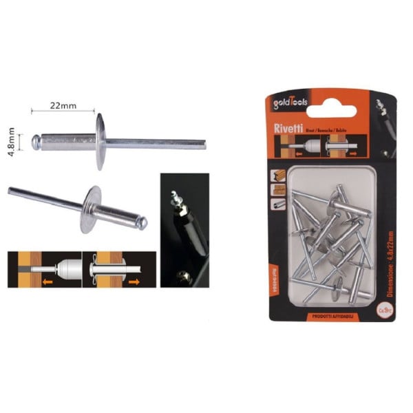 SET 9 RIVETTI RIVETTO 4.8 X 22 MM ACCESSORI BRICOLAGE FERRAMENTA 94984
